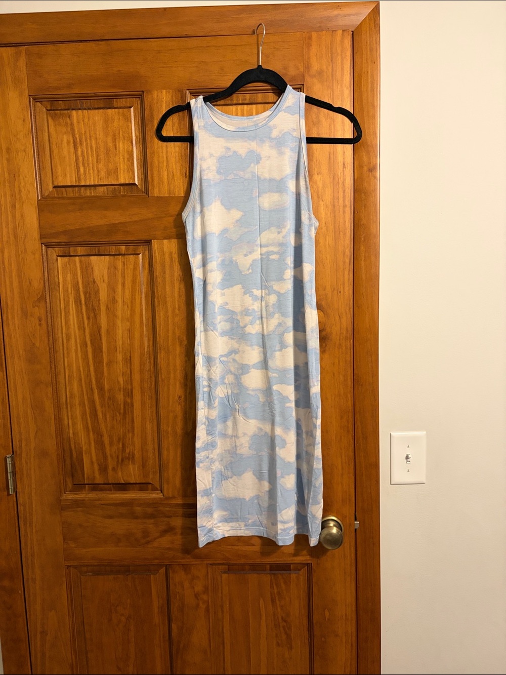 Sleeveless Light Blue & White Tie-Dye Midi Dress